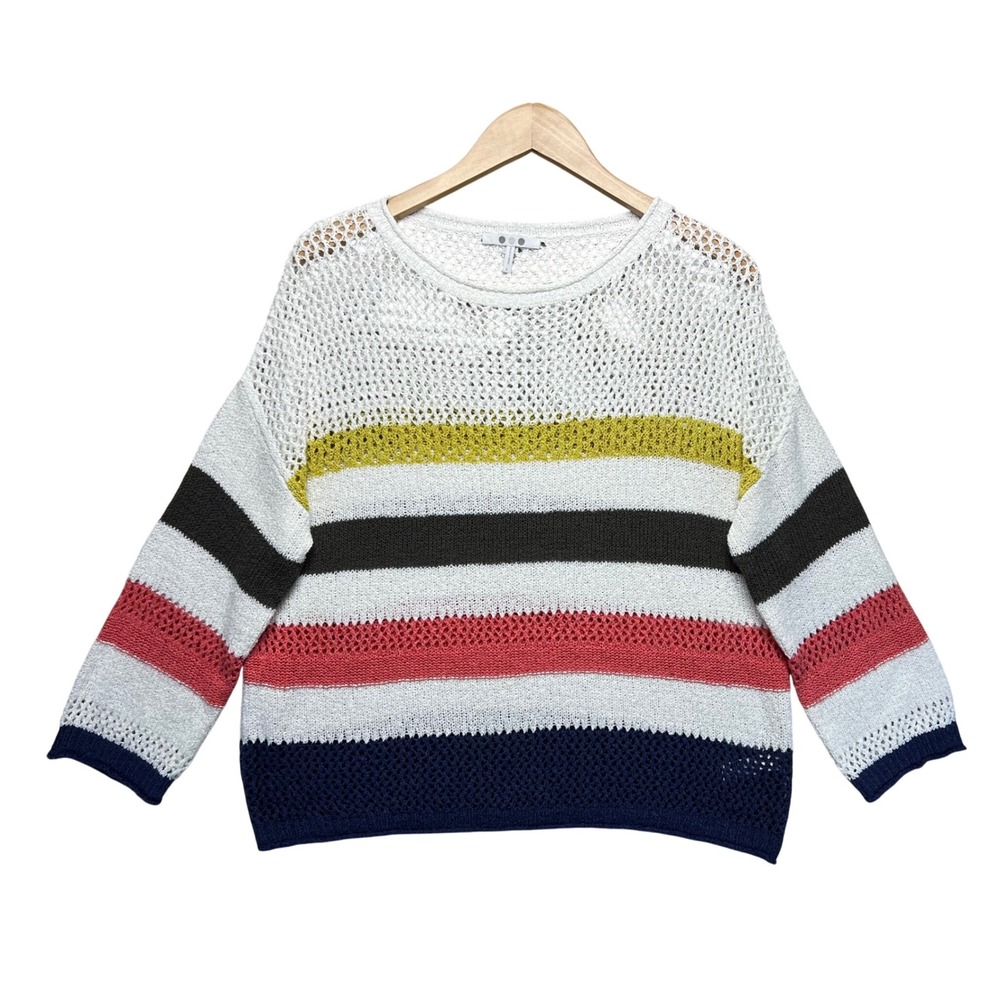 Three Dots Striped‎ Crochet Knit Sweater Pullover Multicolor Size L Lightweight